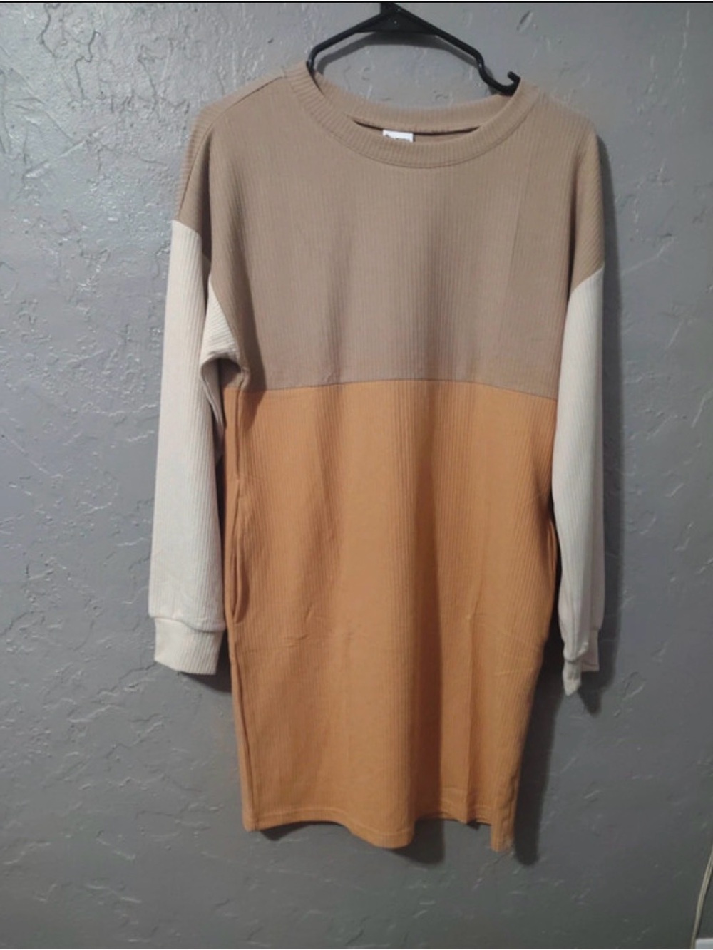 Colorblock Long Sleeve Knit Dress in Beige, Cream & Tan